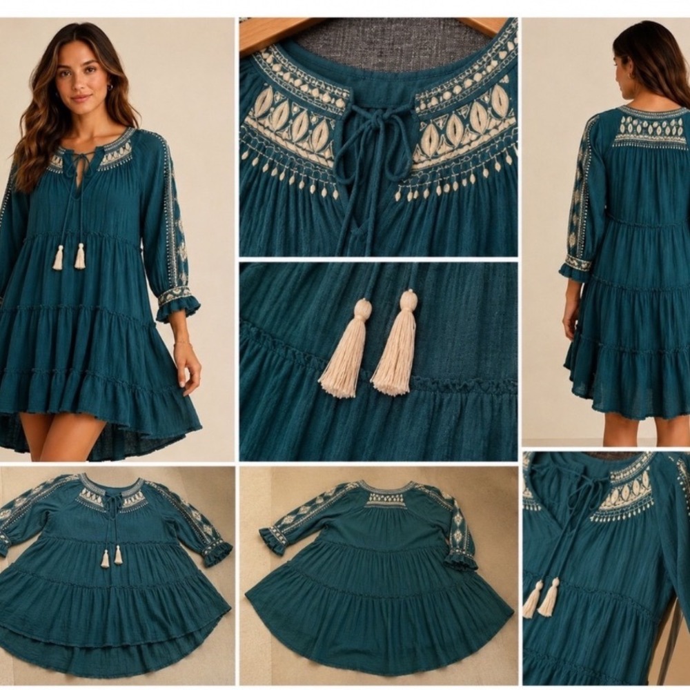 Free People Teal Green Embroidered Gauze Tiered Babydoll Mini Dress XS